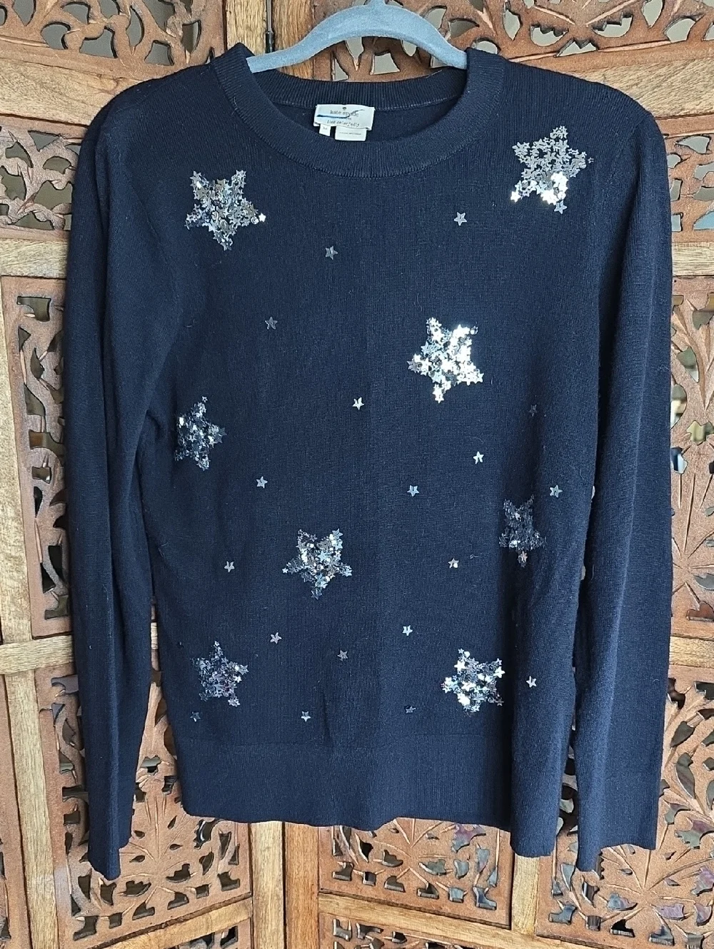Kate Spade Black Sequin Star Crewneck Sweater Size M